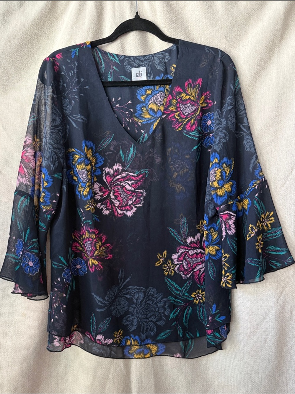 CAbi Navy Sheer V-Neck Floral Blouse with Pink, Blue & Yellow Blooms
